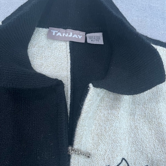 [XL]Tanjay Poodle cardigan sweater Black Cream Embroidered Dog Knit Zip Jacket - Picture 4 of 9